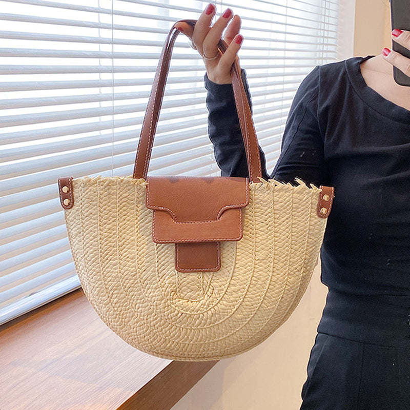 Tote Bag Straw with Faux Leather Trim and Removable Strap