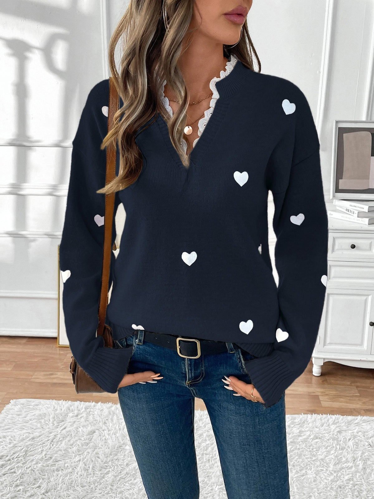 Heart Print Lace V-Neck Jumper