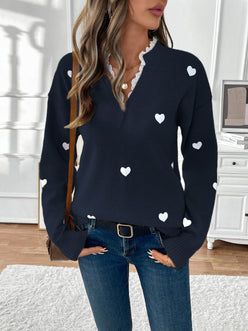 Heart Print Lace V-Neck Jumper