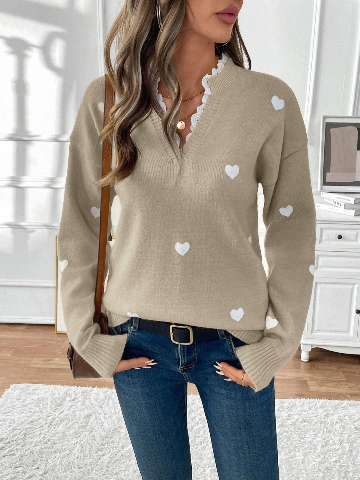 Heart Print Lace V-Neck Jumper