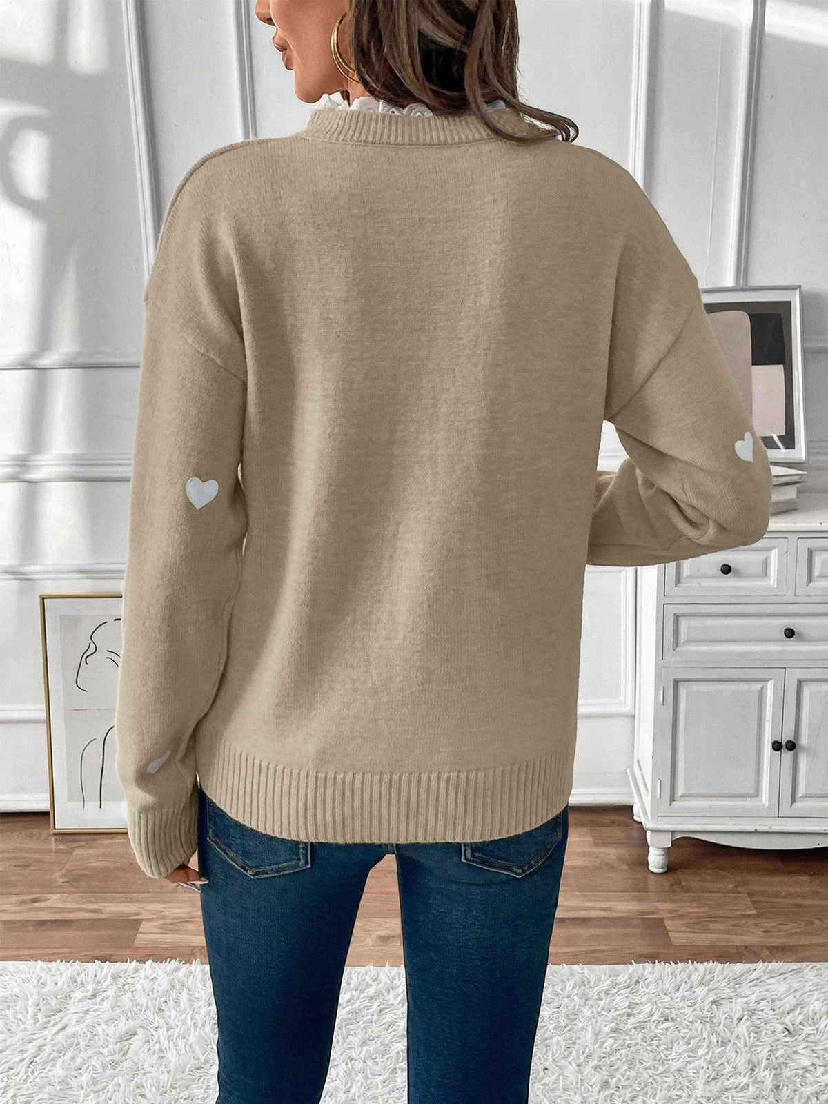 Heart Print Lace V-Neck Jumper