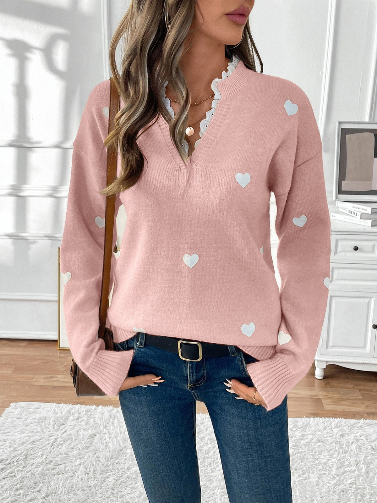 Heart Print Lace V-Neck Jumper