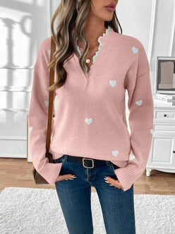 Heart Print Lace V-Neck Jumper