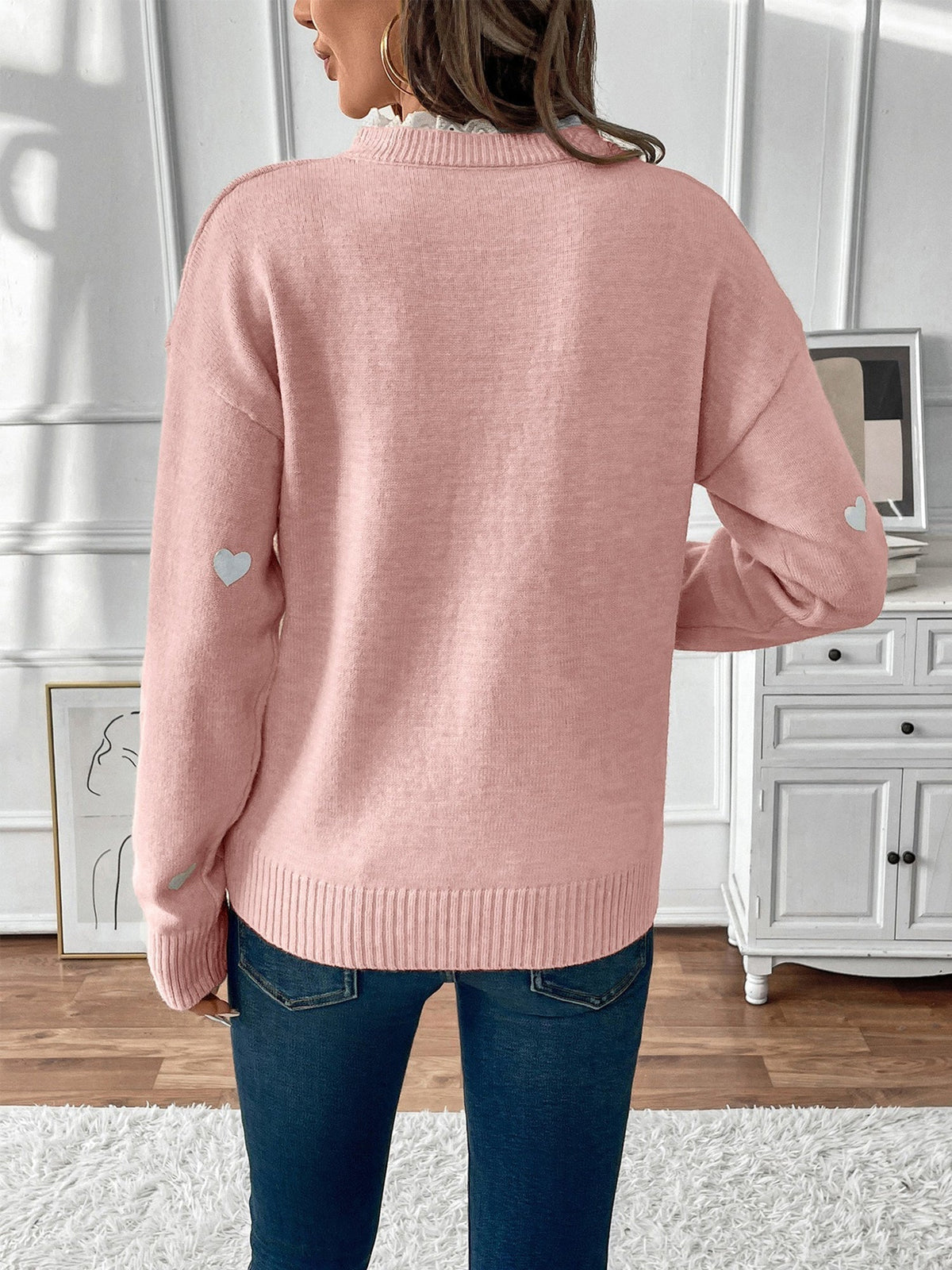 Heart Print Lace V-Neck Jumper