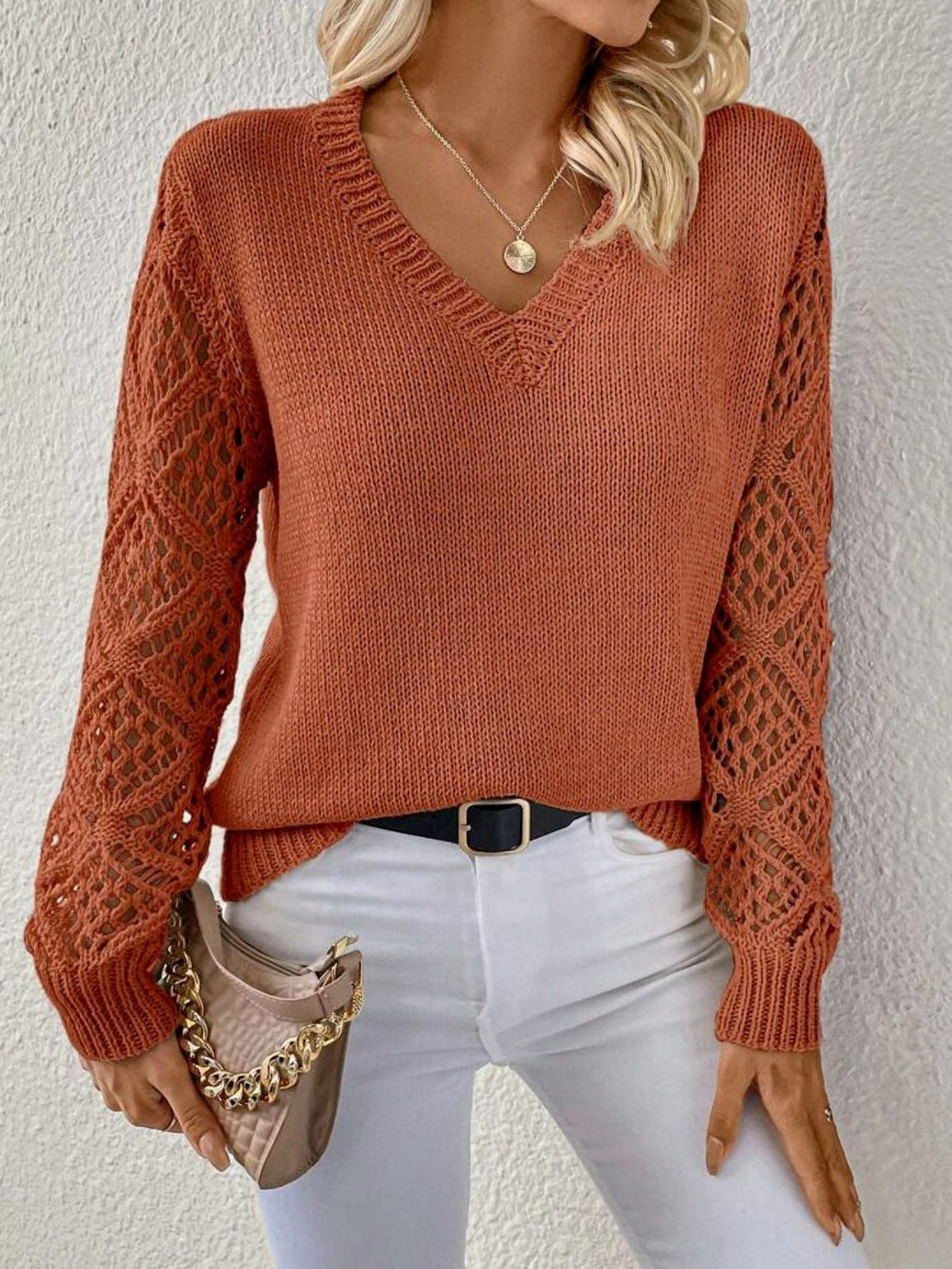 Crochet Sleeve V-Neck Jumper