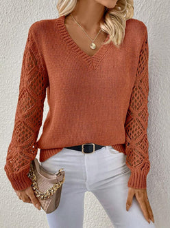 Crochet Sleeve V-Neck Jumper