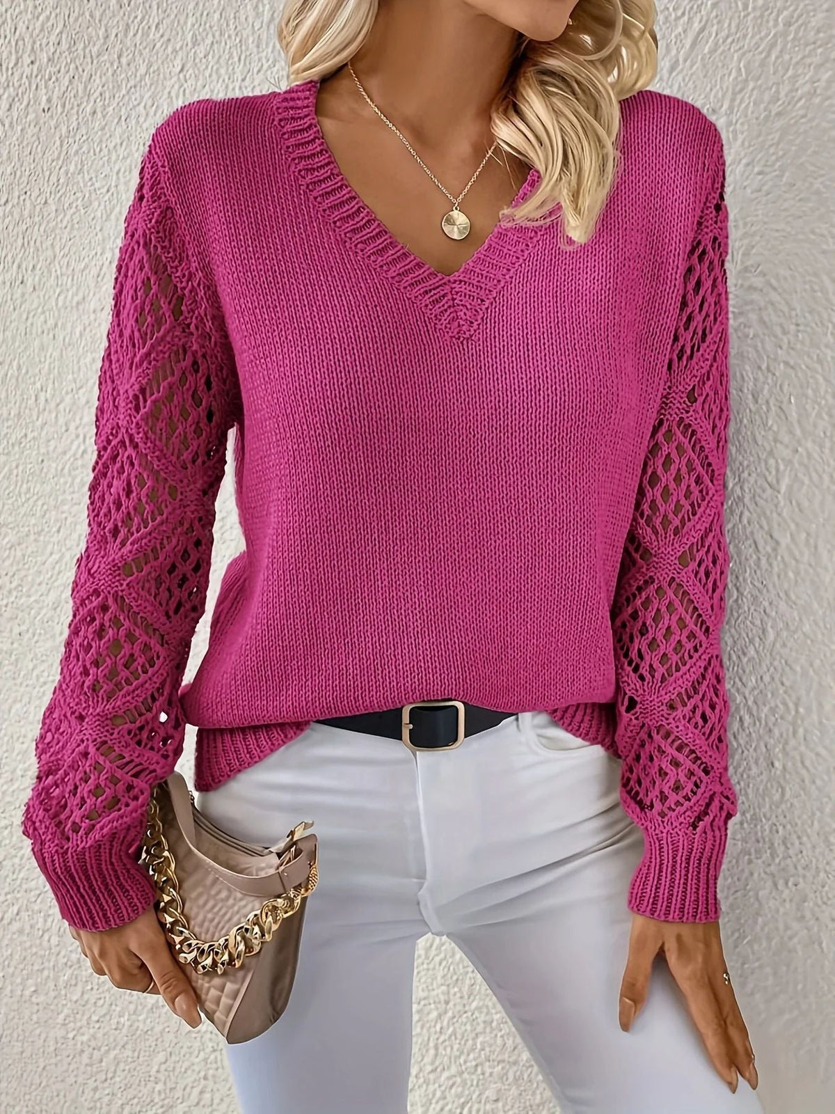 Crochet Sleeve V-Neck Jumper