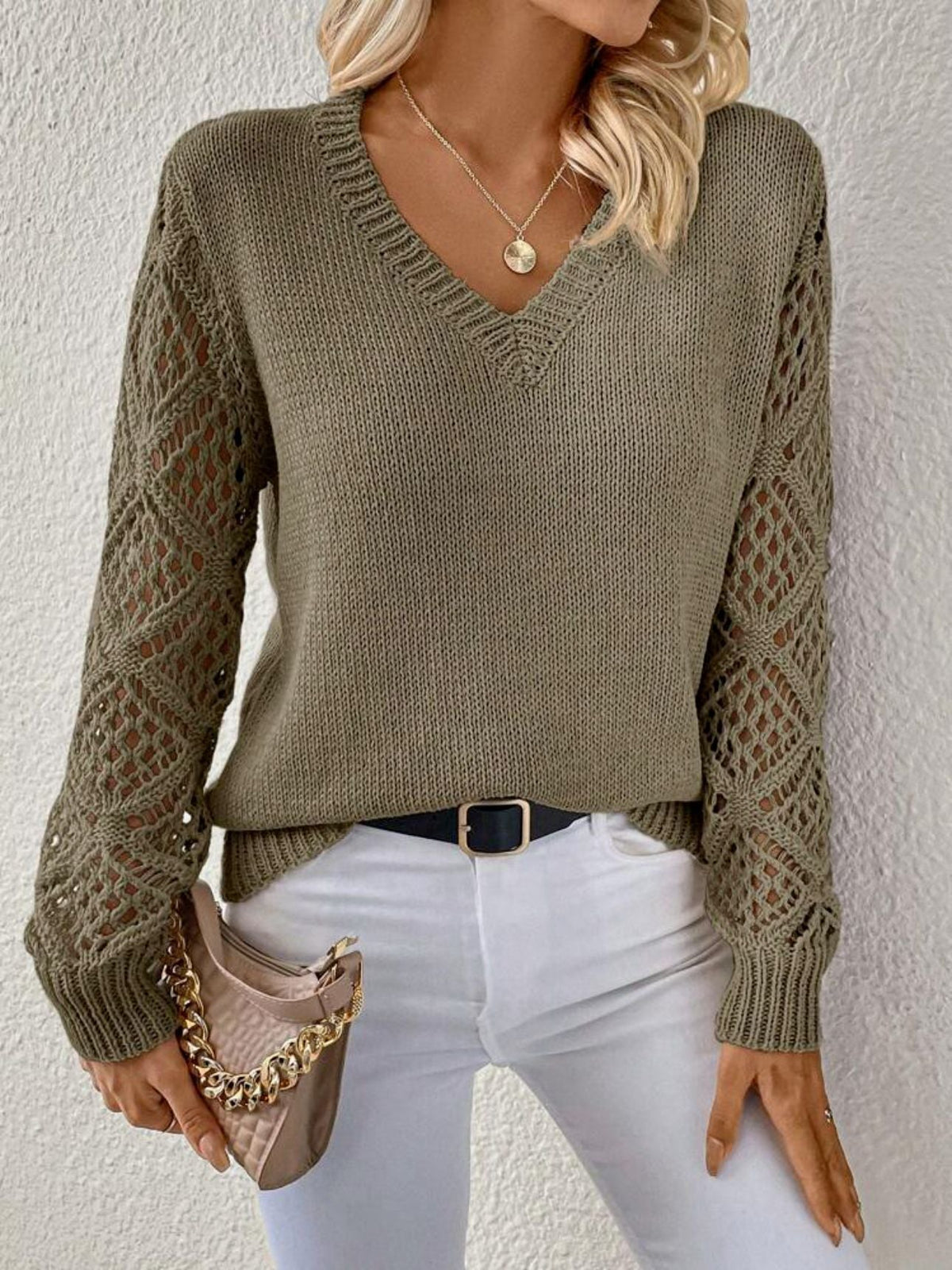 Crochet Sleeve V-Neck Jumper