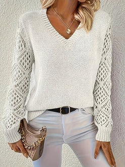 Open Knit Sleeve V-Neck Jumper
