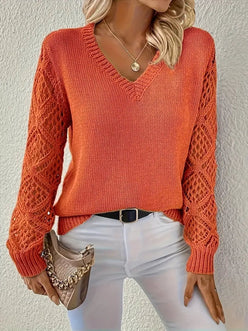 Open Knit Sleeve V-Neck Jumper