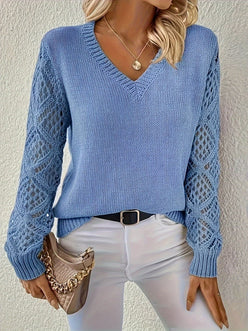 Open Knit Sleeve V-Neck Jumper