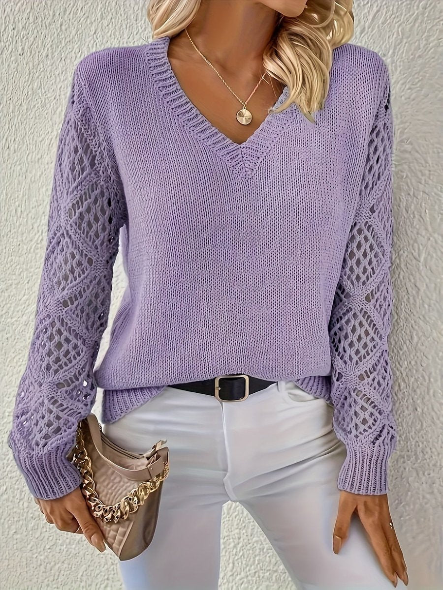 Open Knit Sleeve V-Neck Jumper