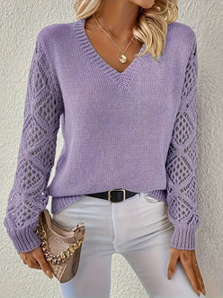 Open Knit Sleeve V-Neck Jumper
