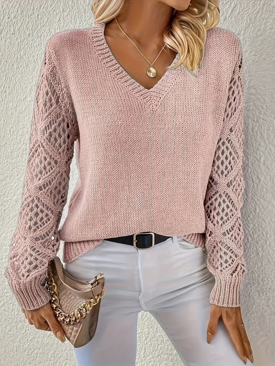 Open Knit Sleeve V-Neck Jumper