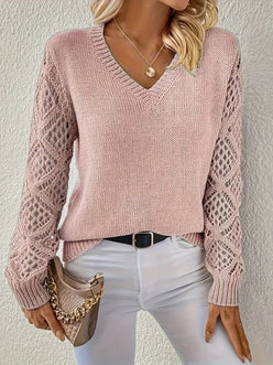 Open Knit Sleeve V-Neck Jumper