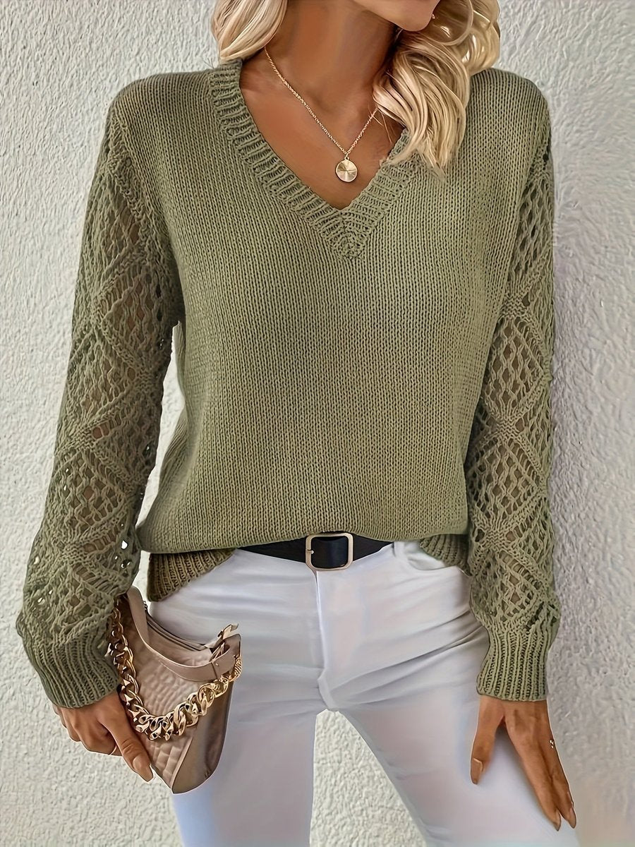 Open Knit Sleeve V-Neck Jumper
