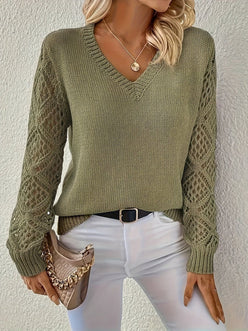 Open Knit Sleeve V-Neck Jumper