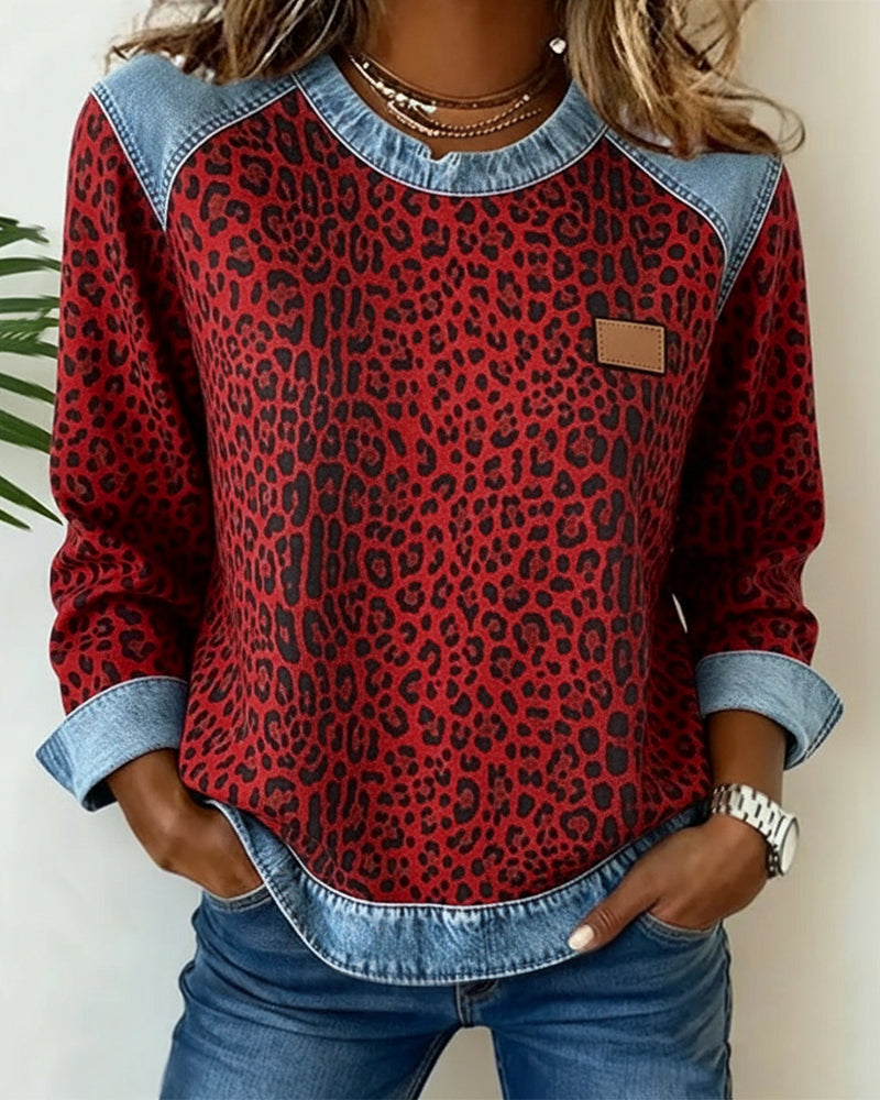 Leopard Denim Trim Sweatshirt