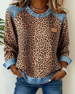 Leopard Denim Trim Sweatshirt
