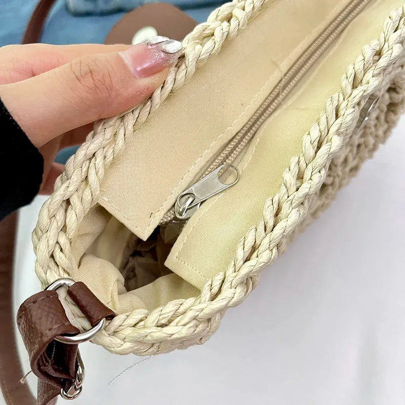 Straw Bag with Faux Leather Finishes and Shoulder Strap