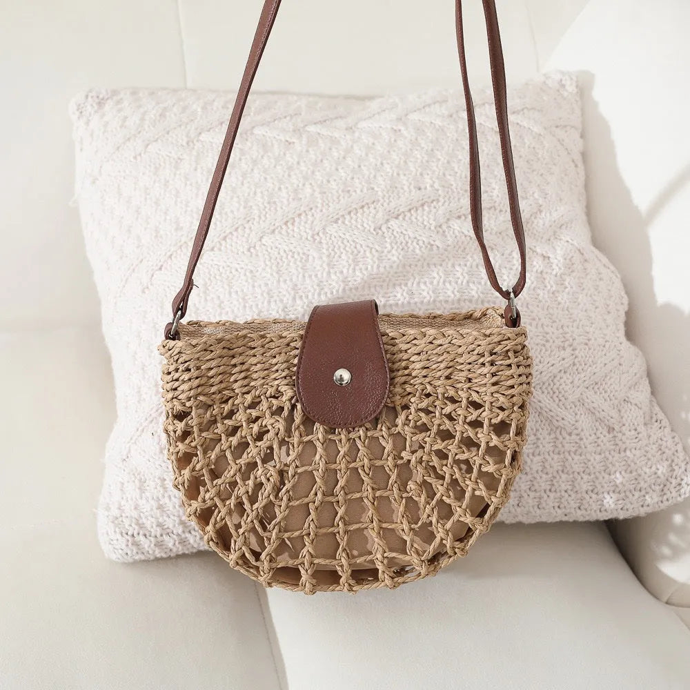 Straw Bag with Faux Leather Finishes and Shoulder Strap