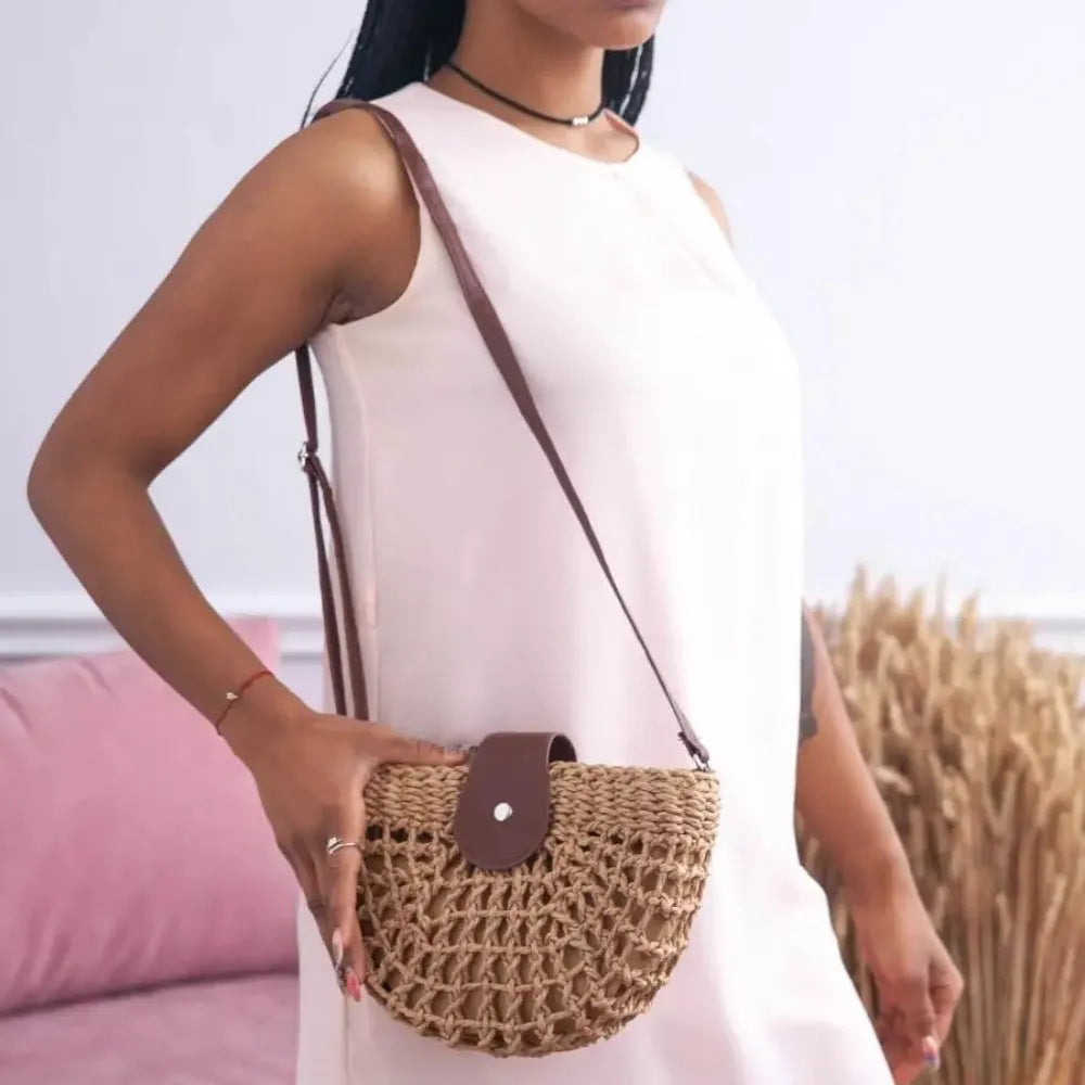 Straw Bag with Faux Leather Finishes and Shoulder Strap