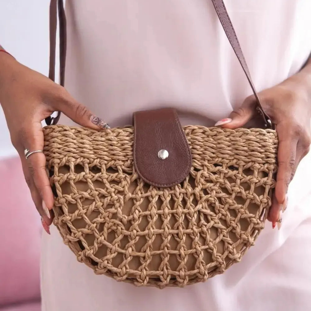Straw Bag with Faux Leather Finishes and Shoulder Strap