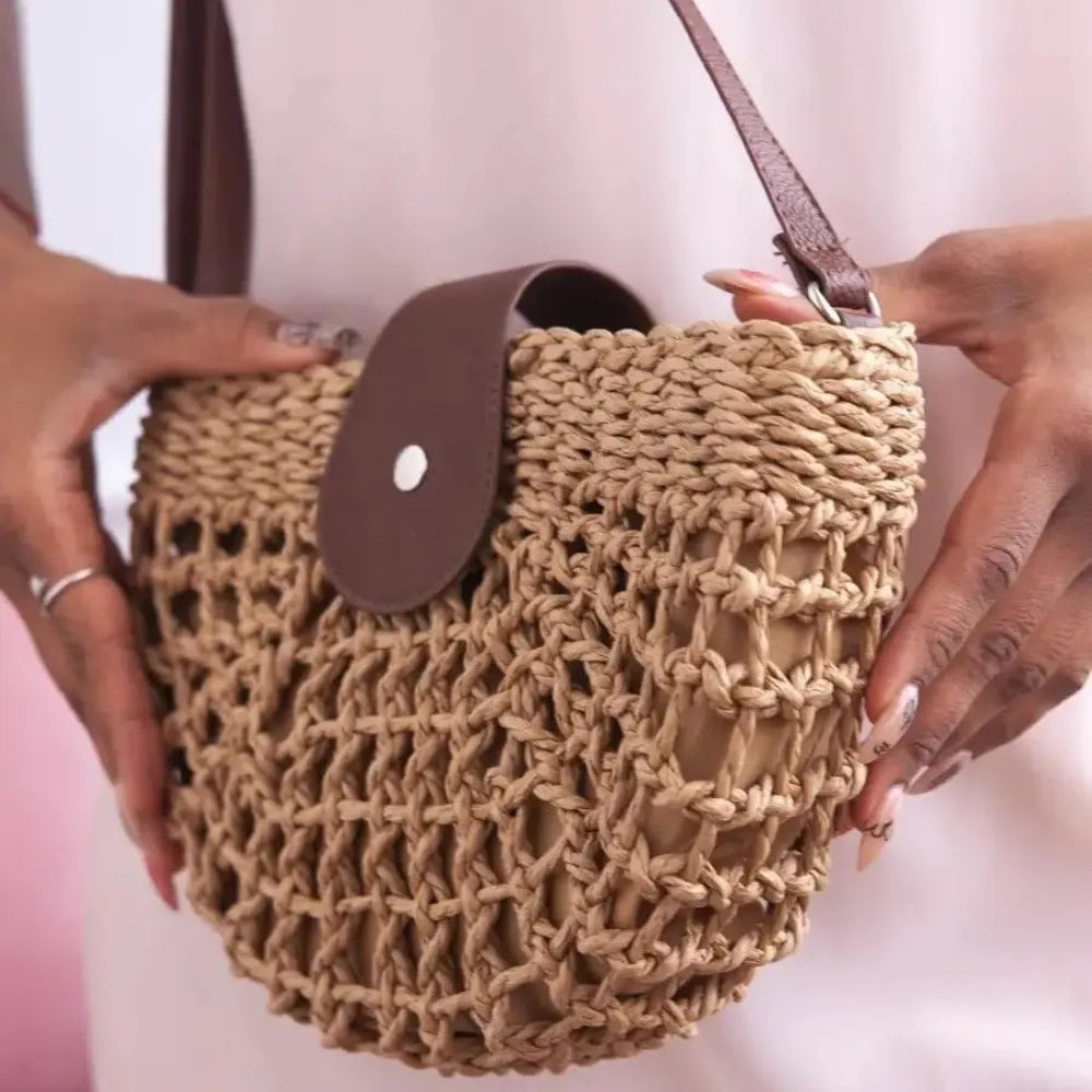 Straw Bag with Faux Leather Finishes and Shoulder Strap