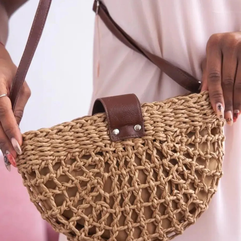 Straw Bag with Faux Leather Finishes and Shoulder Strap