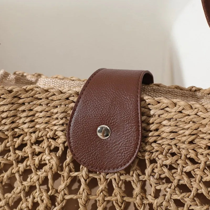 Straw Bag with Faux Leather Finishes and Shoulder Strap