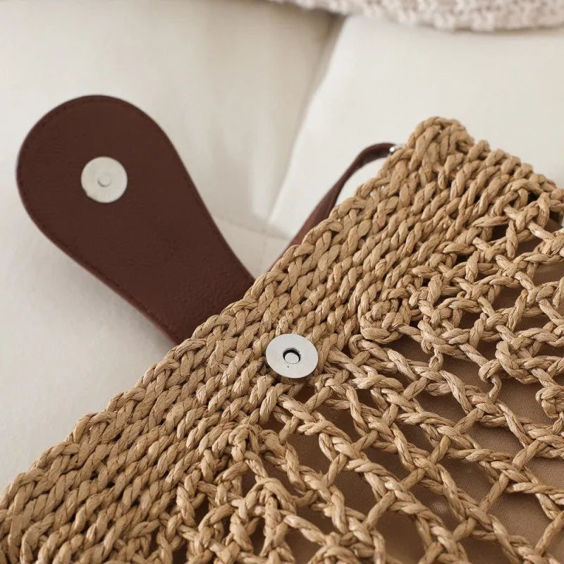 Straw Bag with Faux Leather Finishes and Shoulder Strap