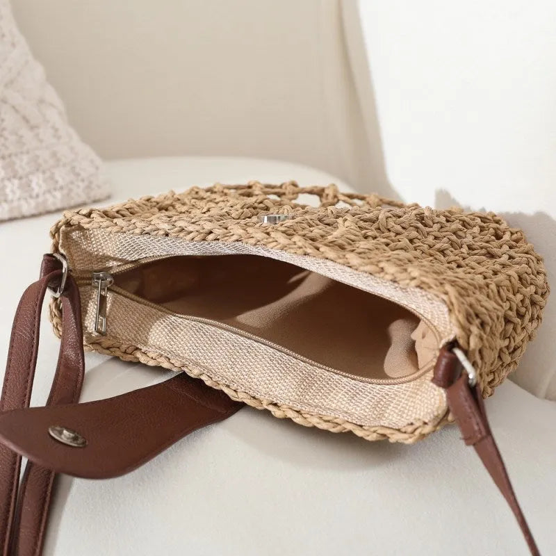 Straw Bag with Faux Leather Finishes and Shoulder Strap