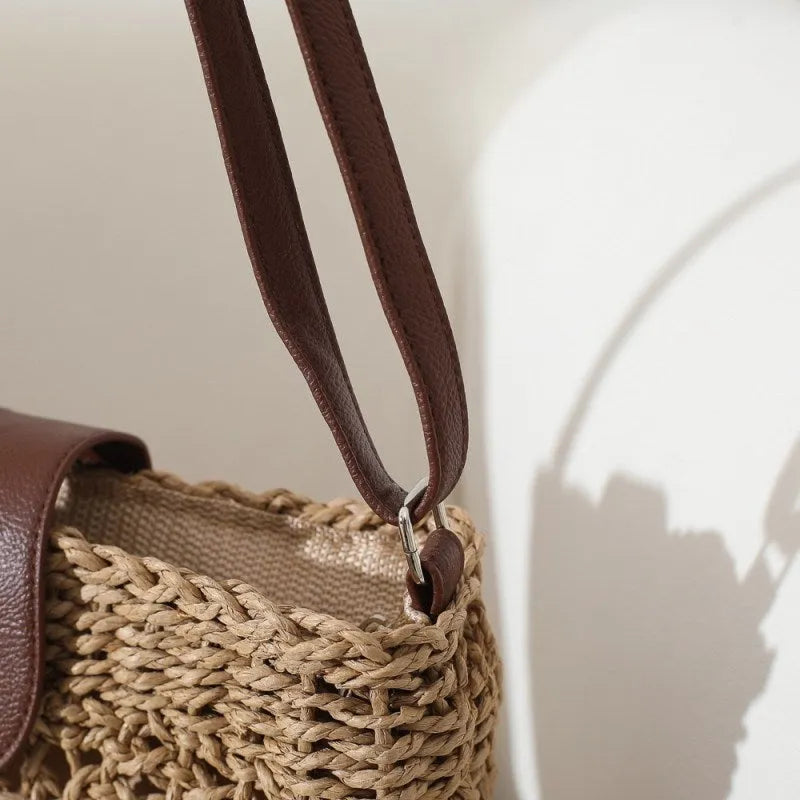Straw Bag with Faux Leather Finishes and Shoulder Strap