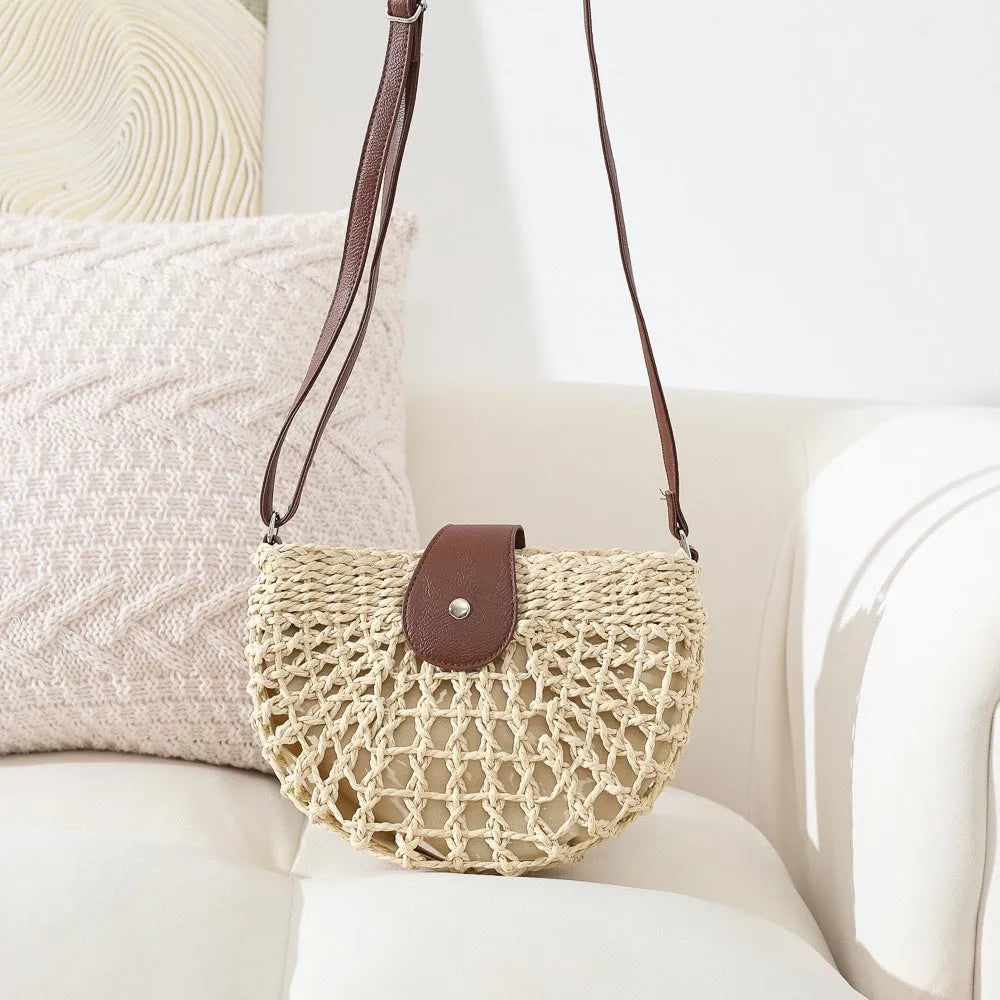 Straw Bag with Faux Leather Finishes and Shoulder Strap
