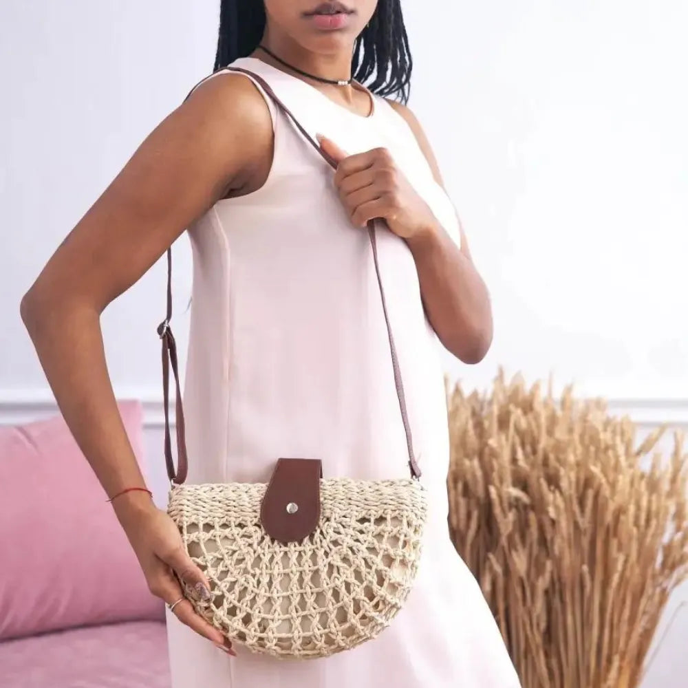 Straw Bag with Faux Leather Finishes and Shoulder Strap