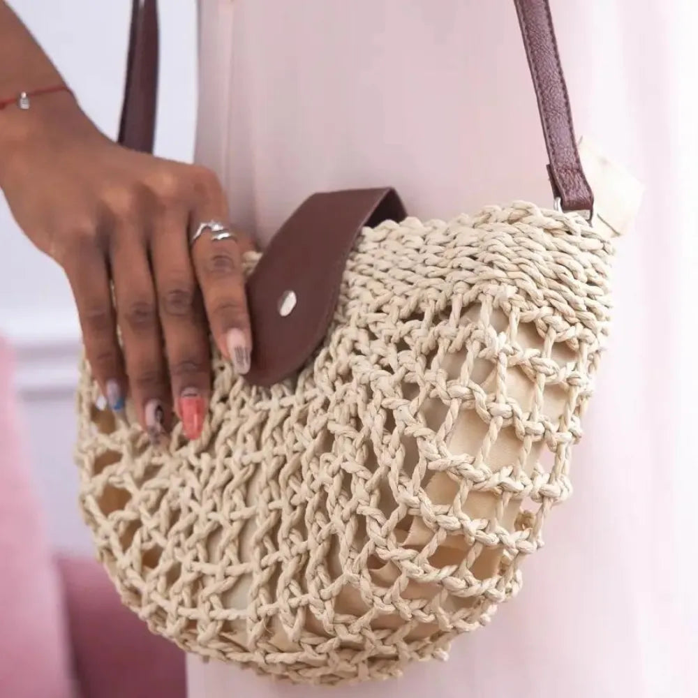 Straw Bag with Faux Leather Finishes and Shoulder Strap