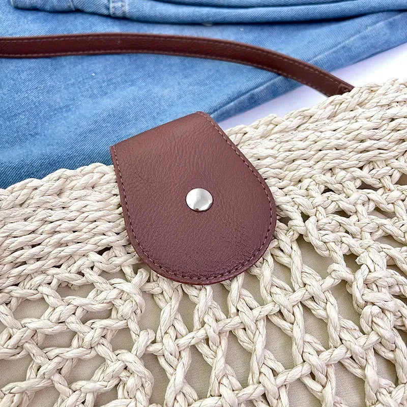 Straw Bag with Faux Leather Finishes and Shoulder Strap