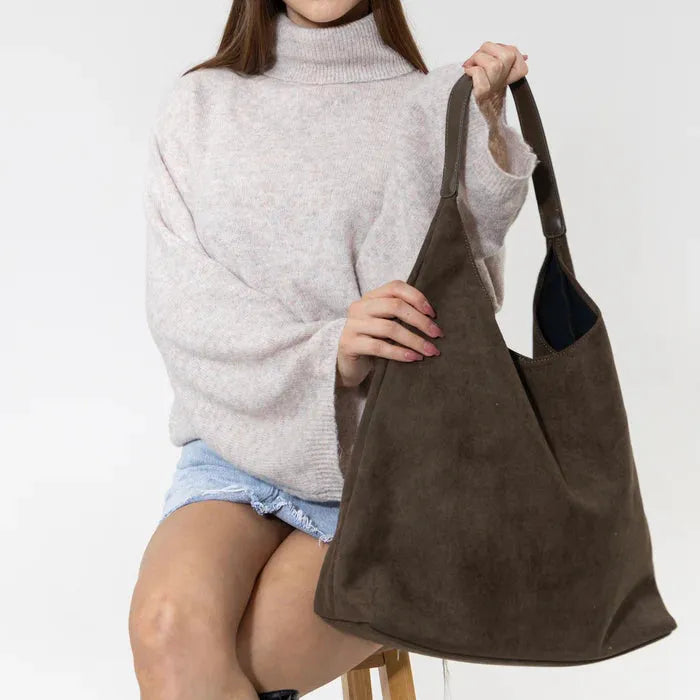 Hobo Bag Faux Suede with Magnetic Closure, Pouch and Laptop Fit