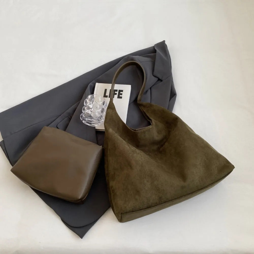 Hobo Bag Faux Suede with Magnetic Closure, Pouch and Laptop Fit