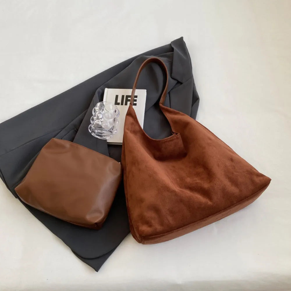 Hobo Bag Faux Suede with Magnetic Closure, Pouch and Laptop Fit