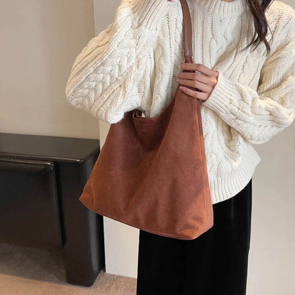Hobo Bag Faux Suede with Magnetic Closure, Pouch and Laptop Fit