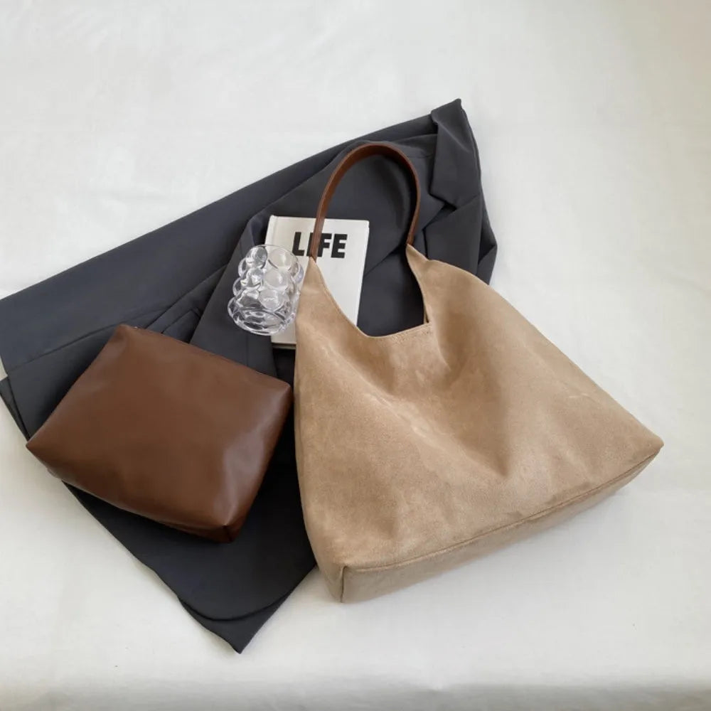 Hobo Bag Faux Suede with Magnetic Closure, Pouch and Laptop Fit