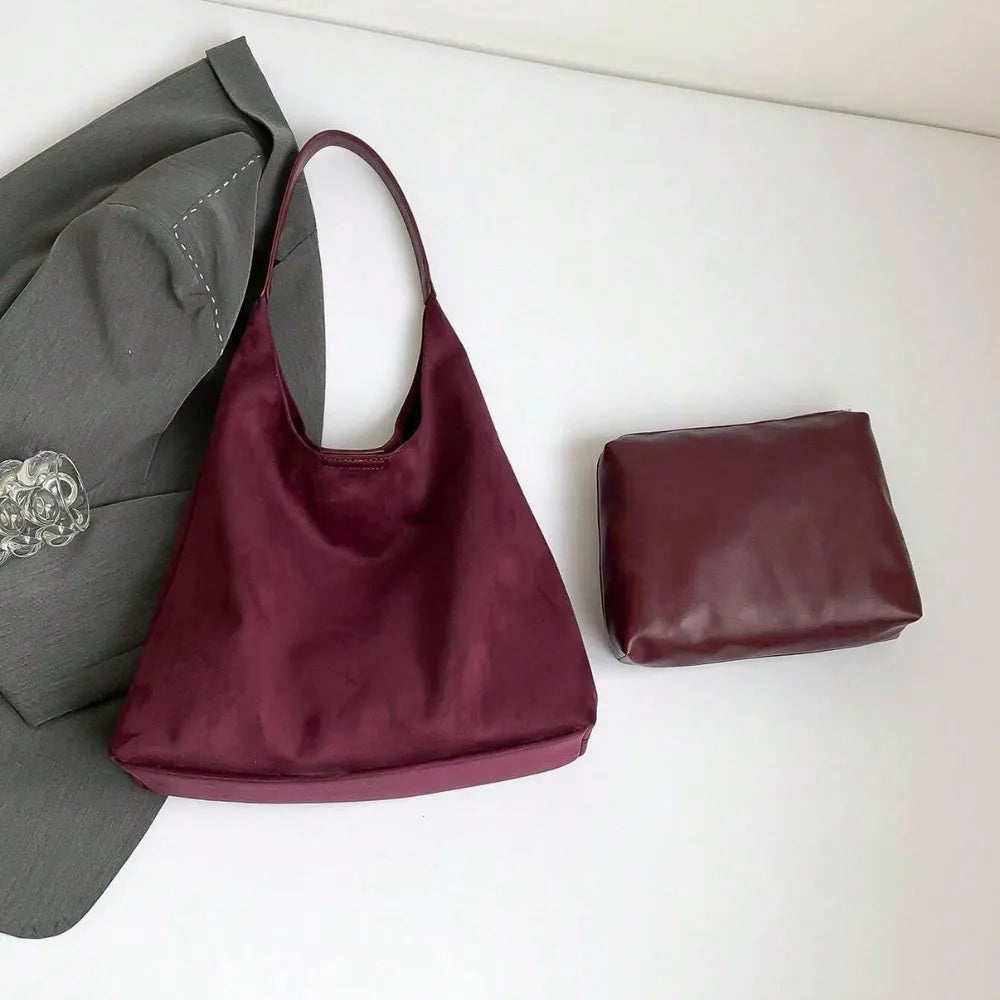 Hobo Bag Faux Suede with Magnetic Closure, Pouch and Laptop Fit