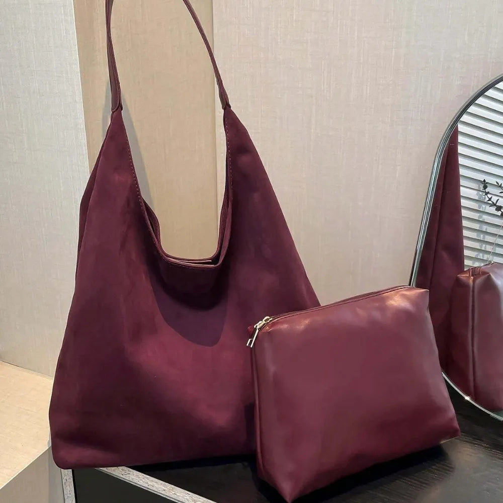 Hobo Bag Faux Suede with Magnetic Closure, Pouch and Laptop Fit