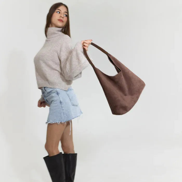 Hobo Bag Faux Suede with Magnetic Closure, Pouch and Laptop Fit