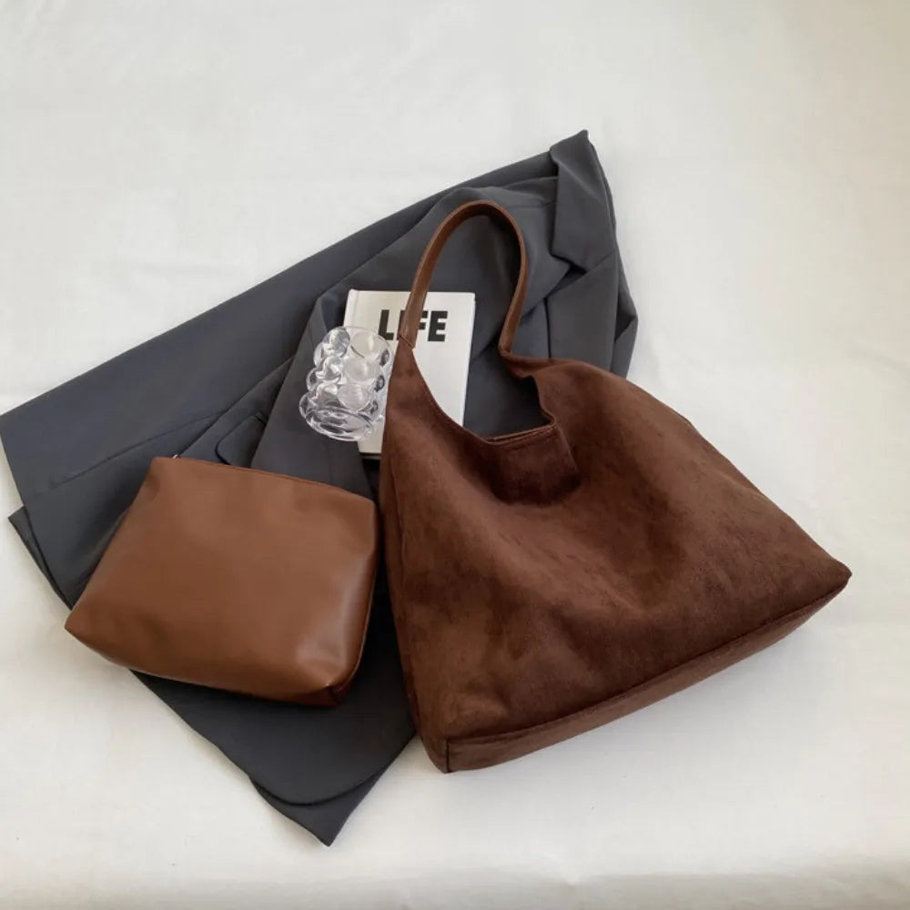 Hobo Bag Faux Suede with Magnetic Closure, Pouch and Laptop Fit