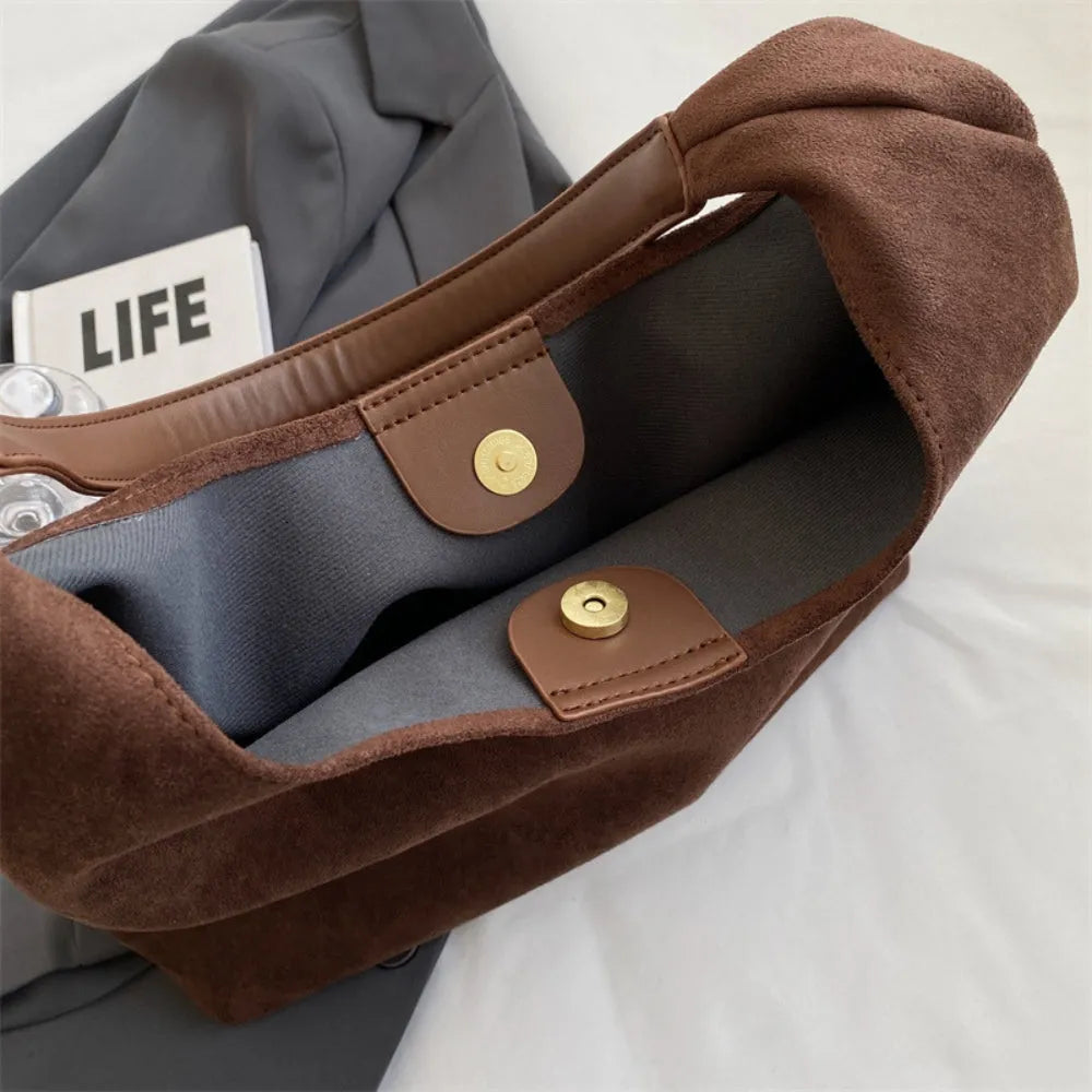 Hobo Bag Faux Suede with Magnetic Closure, Pouch and Laptop Fit