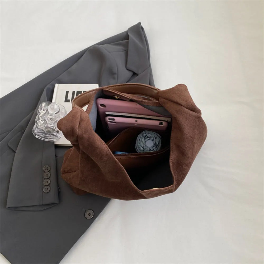 Hobo Bag Faux Suede with Magnetic Closure, Pouch and Laptop Fit