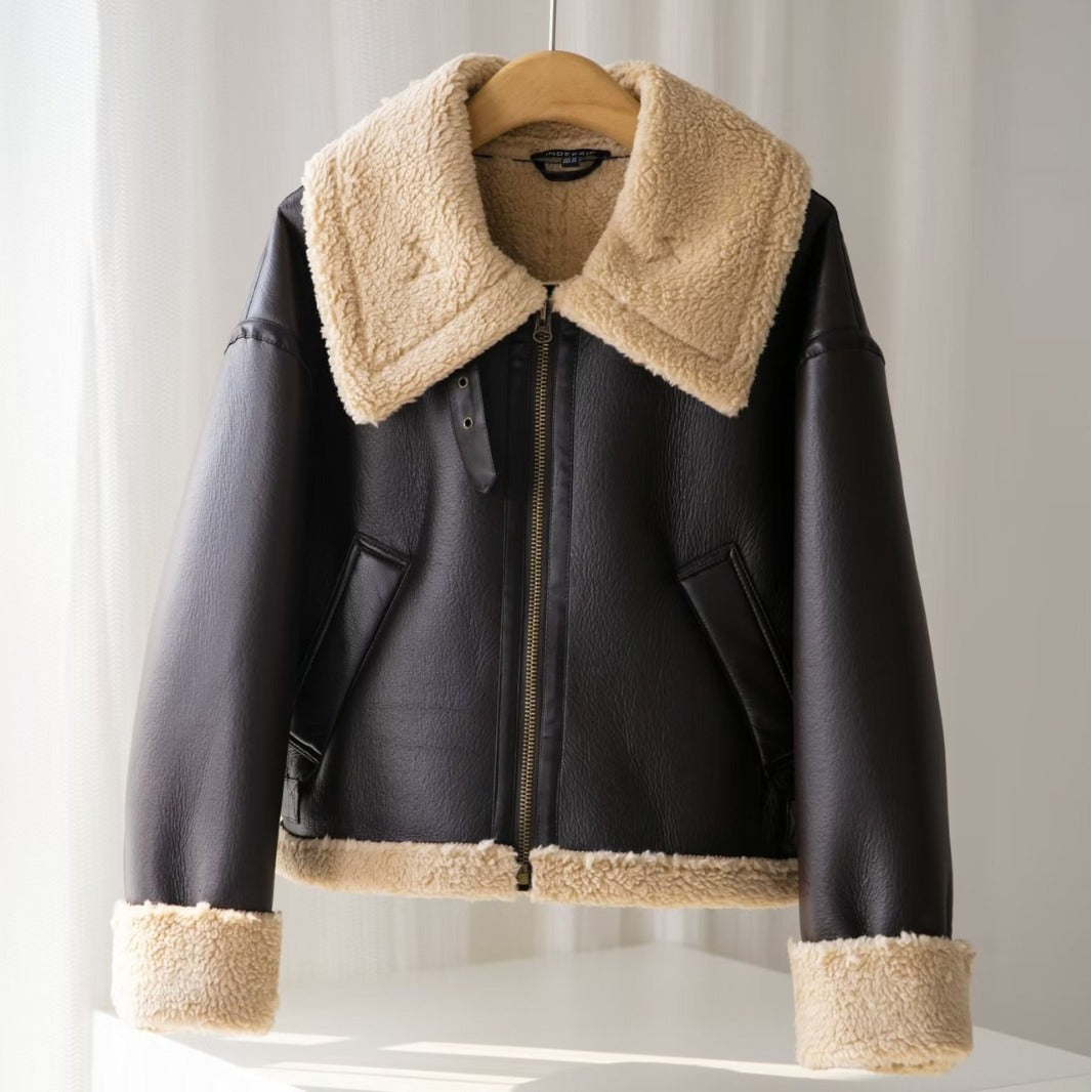 Jacket Faux Leather with Faux Shearling Collar and Cuffs