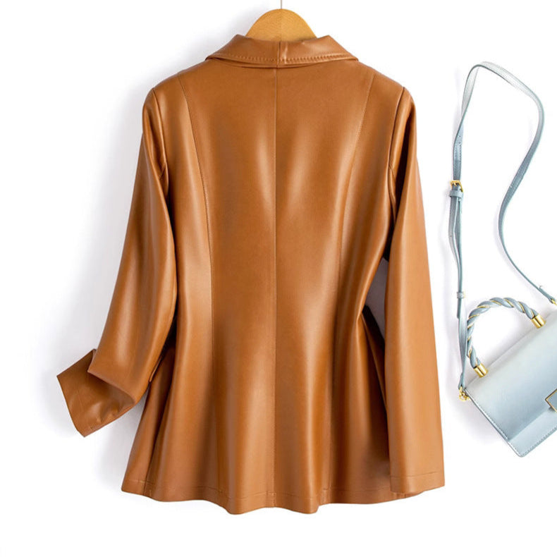 Blazer Faux Leather Longline with Notch Lapel and Single Button